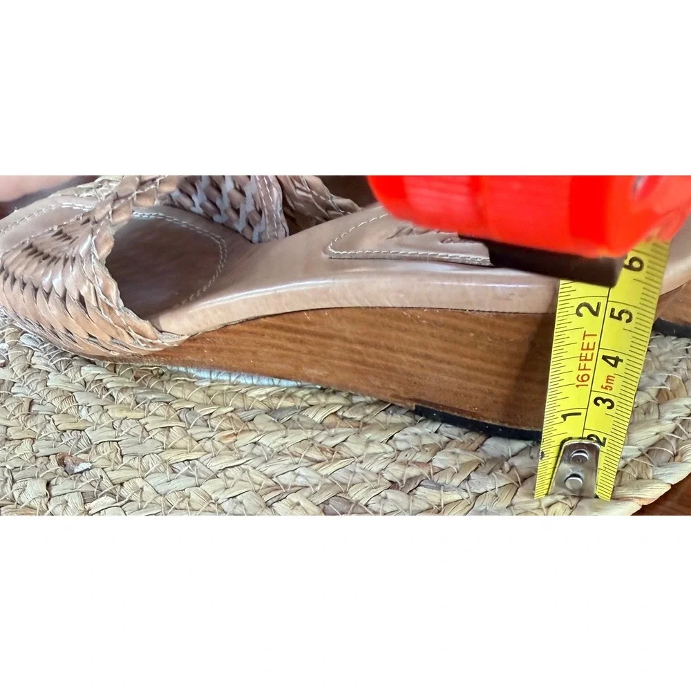 Sesto Meucci Womens Tan Woven Leather Wood Wedge Sandals Made in Italy Size 9